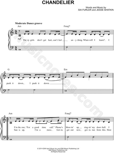 Sia Chandelier Sheet Music Easy Piano In A Minor