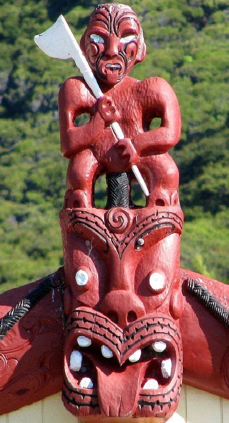 Maori Wood Carving Carvings On The Meeting House At The Marae At