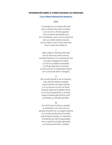 7 Estrofas Del Himno Nacional De Honduras