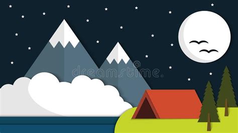 Beauty Night Landscape Mountain Paper Art Style With Cloud Background