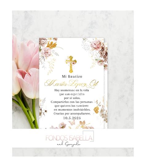 tarjeta de agradecimiento de bautizo niña rosas y oro