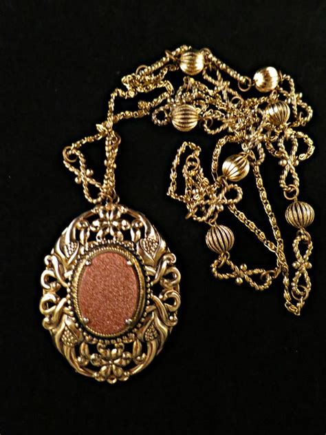 Vintage 1980s Goldstone Pendant And Gold Tone Metal Long Etsy Gold