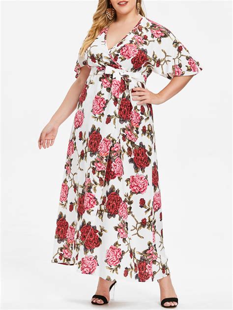 Wipalo Plus Size Floral Print Maxi Dress Women Half Sleeve V Neck A Line Boho Dress Casual