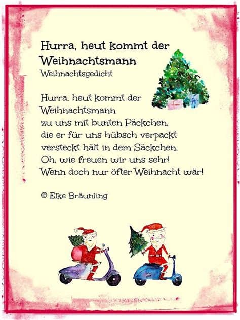 Hier findest du unsere liebsten märchen und kurzgeschichten rund um wir haben die schönsten weihnachtsgeschichten zum vorlesen für euch. Weihnachtsgedicht. Hurra, heut kommt der Weihnachtsmann ...