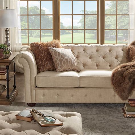 Inspire Q Knightsbridge Beige Fabric Button Tufted Csterfield Sofa And