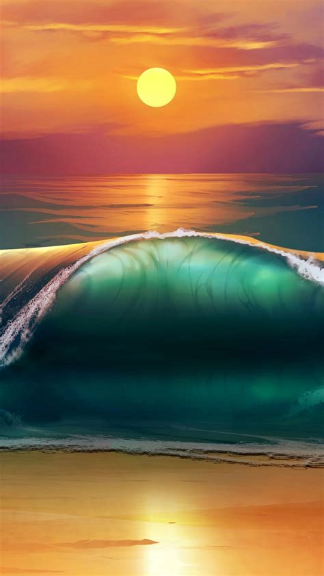 Download Wallpaper 1440x2560 Art Sunset Beach Sea Waves Qhd Samsung