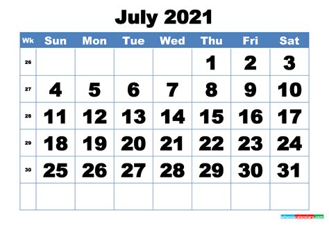 Free Printable July 2021 Calendar Template Word Pdf