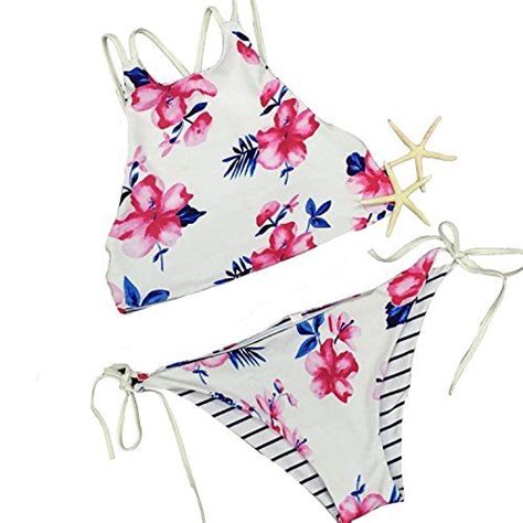 Mj Fans Womens Floral Printing Halter Two Piece Bikini Set Fba At