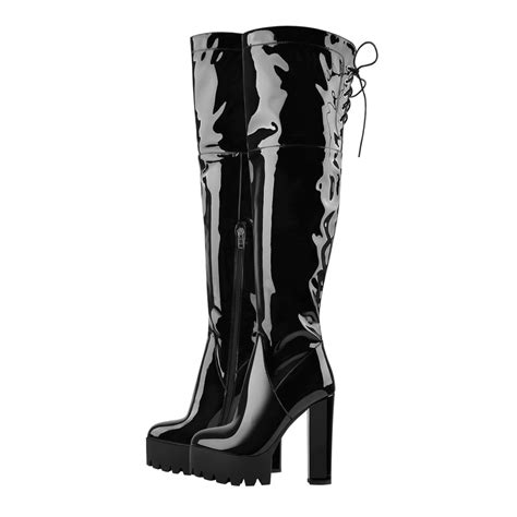 Patent Black Platform Lace Up Chunky Heels Knee High Boots Onlymaker