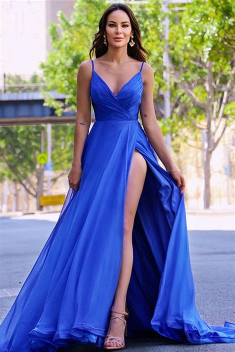 Miabek V Neck Royal Blue Prom Dress With Slit