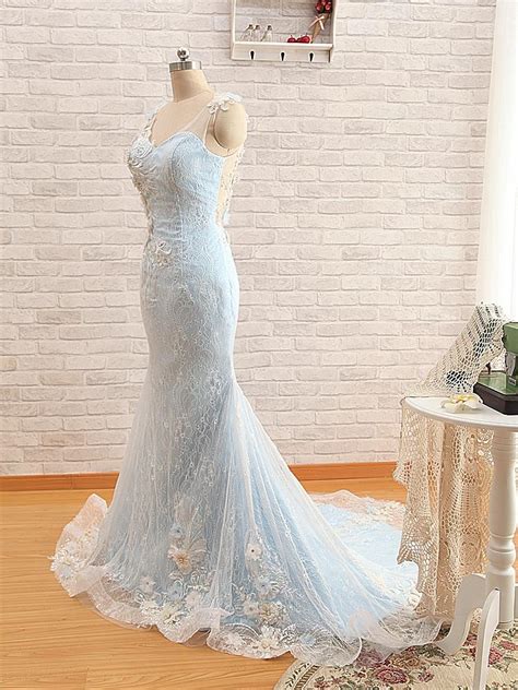 Mermaid Light Blue Wedding Dresses Lace Overlay Sheer Tulle Back Long