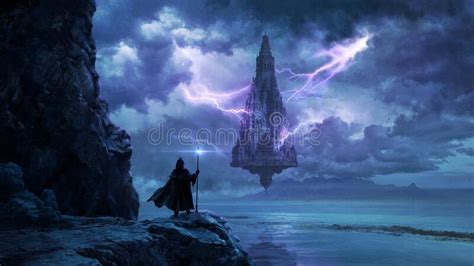 Fantastic Magical Floating Castle Digital Illustration Stock