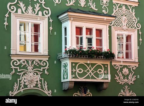 Facade Of A Beautiful Green Baroque House In Scharding Austria
