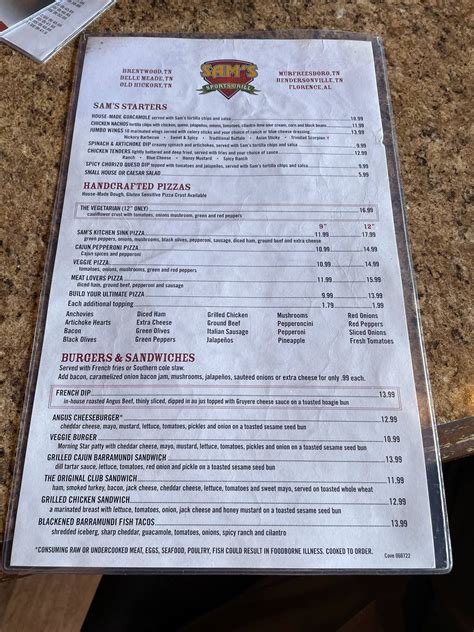 Menu at Sam’s Sports Grill - Hendersonville pub & bar, Hendersonville