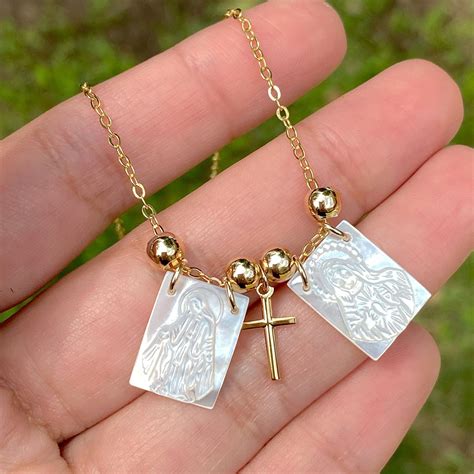 Mother Of Pearl Scapular Necklace Miraculous Medal Baptism T