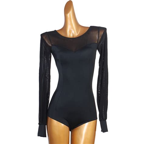 Latin Dance Practice Clothes Female Mesh Black Long Sleeve Jumpsuit Autumn Winter Rumba Dance