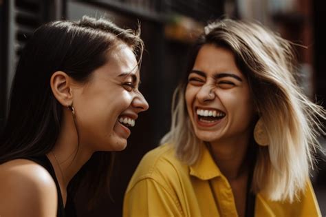 Premium AI Image Two Women Laughing And Laughing Together One Of Them Has A Yellow Shirt