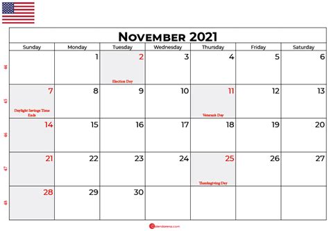 Download Free November 2021 Calendar Usa