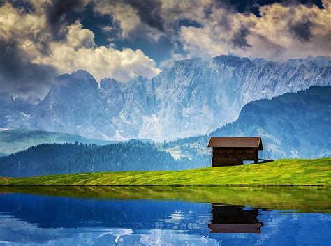 Alpe Di Siusi Dolomites Italy Cabin River Reflection Alps Sky