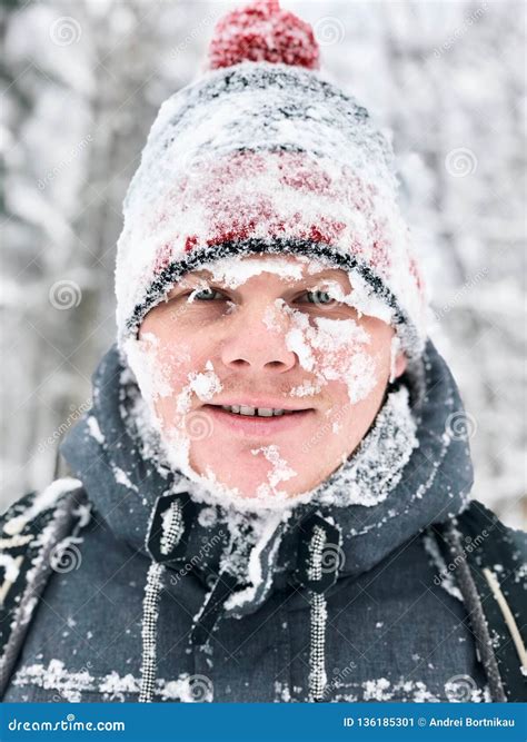 Close Up Portrait Of Man With Frozen Snowy Face Stock Image Image Of