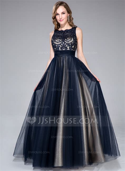A Line Princess Scoop Neck Floor Length Tulle Prom Dresses With Beading