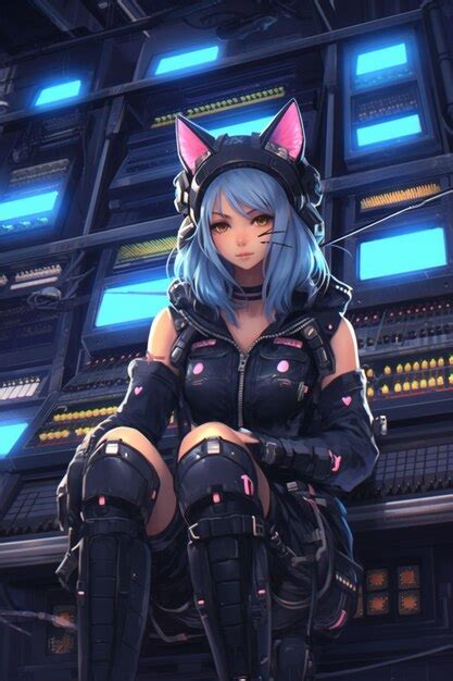 Premium Ai Image Anime Girl With Blue Hair And Black Cats Ears Sitting On A Ledge Ai Generative