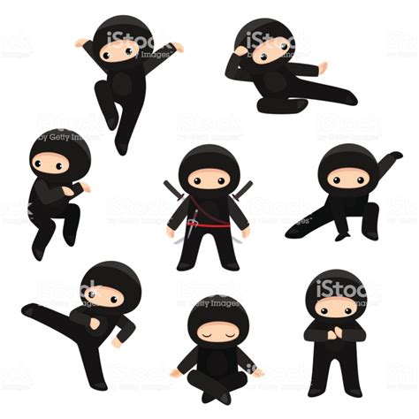 Vector Set Of Cute Ninjas In Various Poses Isolated On White