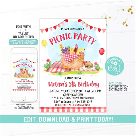 Picnic Birthday Invitation Editable Kids Picnic Invitation Etsy