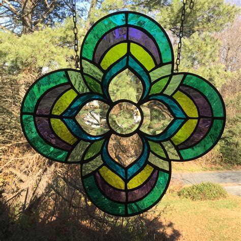 quatrefoil bevel cluster stained glass peacock colors hanging stained glass panel hanging