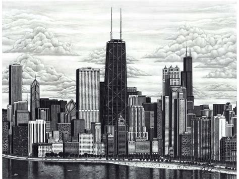 Chicago Skyline Drawing Direct From Artist 18x24 Inch Print