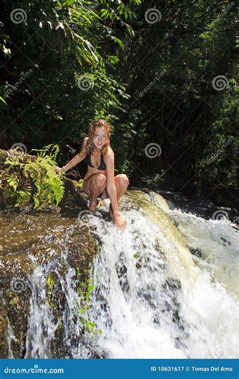Blond Woman In Bikini By Waterfall Stock Image Image Of Woman
