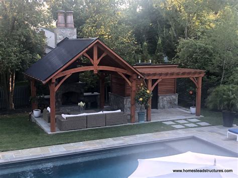 15 X 15 Timber Frame Pavilion With Attached Wood Pergola And Shed