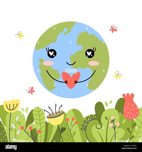 Happy Earth Day Cute Cartoon Funny Kawaii Character Vector