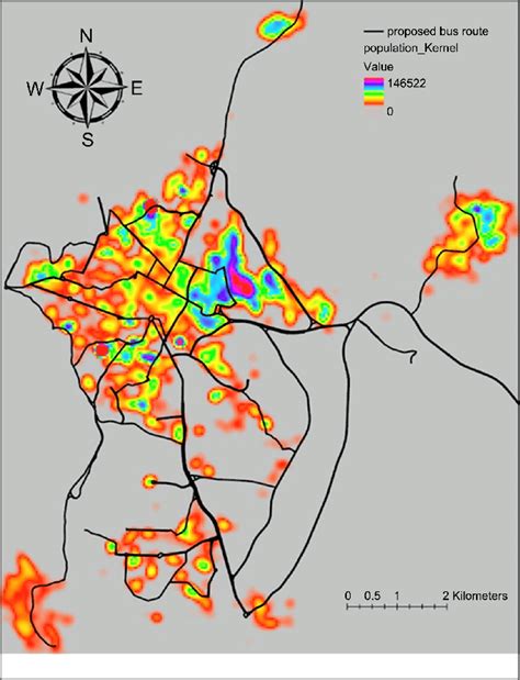 Map Of The 9 Th Proposed Bus Network And Kernel Population Density Of