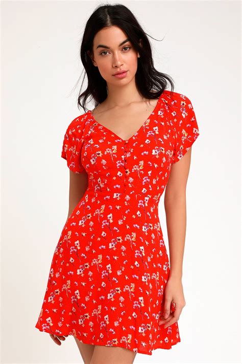 Find Me There Red Floral Print Short Sleeve Skater Dress Cute Red