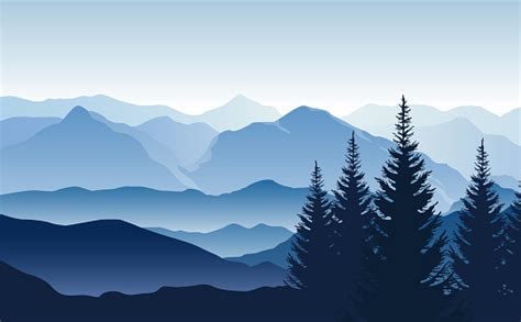 Blaue Vektor Nebligen Landschaft Mit Silhouetten Von Bergen Hügeln Und