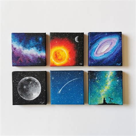 Four Square Paintings With Different Images Of The Moon And Stars On