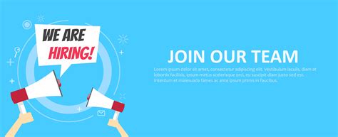We Are Hiring Banner Join Our Team Blue Background And Hands Holding A Megaphone Vector Flat
