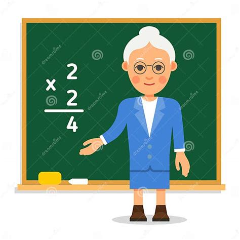 Teacher Elderly Female Teacher Stand On Lesson At The Blackboard In