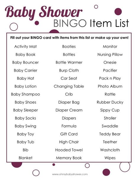 List Of Baby Items For Bingo