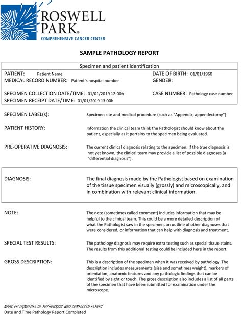 Pathology Report 101 Roswell Park Comprehensive Cancer Center