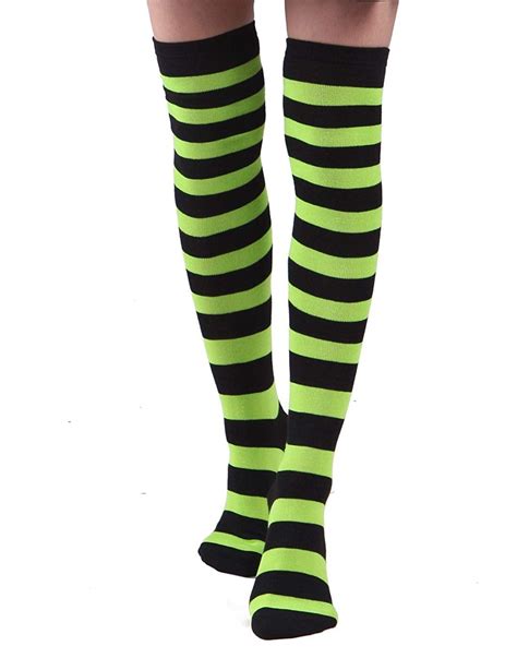 women s extra long striped socks over knee high opaque stockings black and lime green
