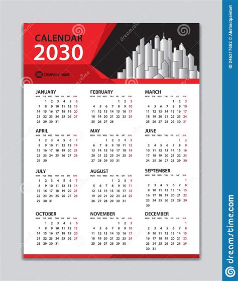 Calendar 2030 Template Wall Calendar 2030 Year Desk Calendar 2030