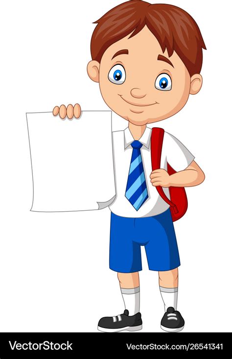 Cartoon School Boy In Uniform Holding Blank Paper Vector Image