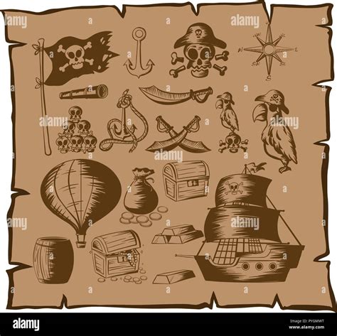 Pirate Symbols And Other Elements On Map Illustration Stock Vector