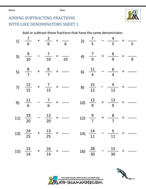 Fraction Add And Subtract Worksheet