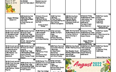 August 2022 Activities Calendar Harmony Homes