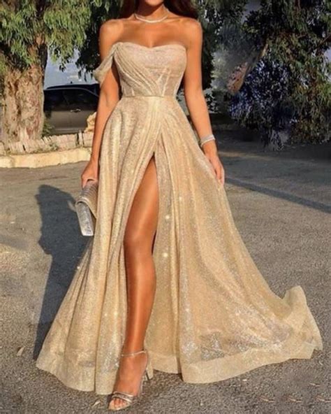elegant high slit off the shoulder sparkly gold sequins prom evening p siaoryne