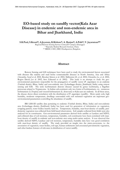 PDF EO Based Study On Sandfly Vector Kala Azar Disease In Endemic And Non Endemic Area In