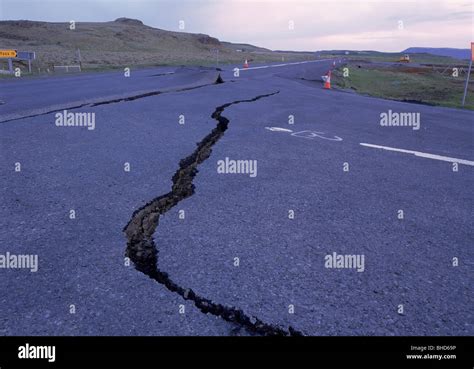 Damage In Road From Earthquakes Iceland Stock Photo Alamy